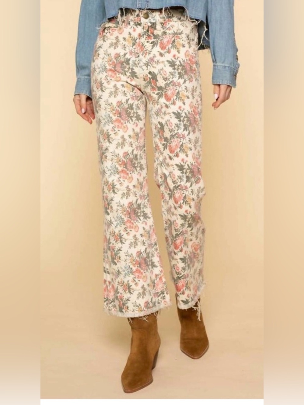 THE GREAT. The Kick Bell jean. Floral Boot-Cut Pants in Cream with Pink Accents